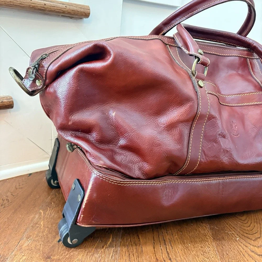 Italian Leather Rolling Duffel Bag Wheeled Weekender Carry On Luggage Brown